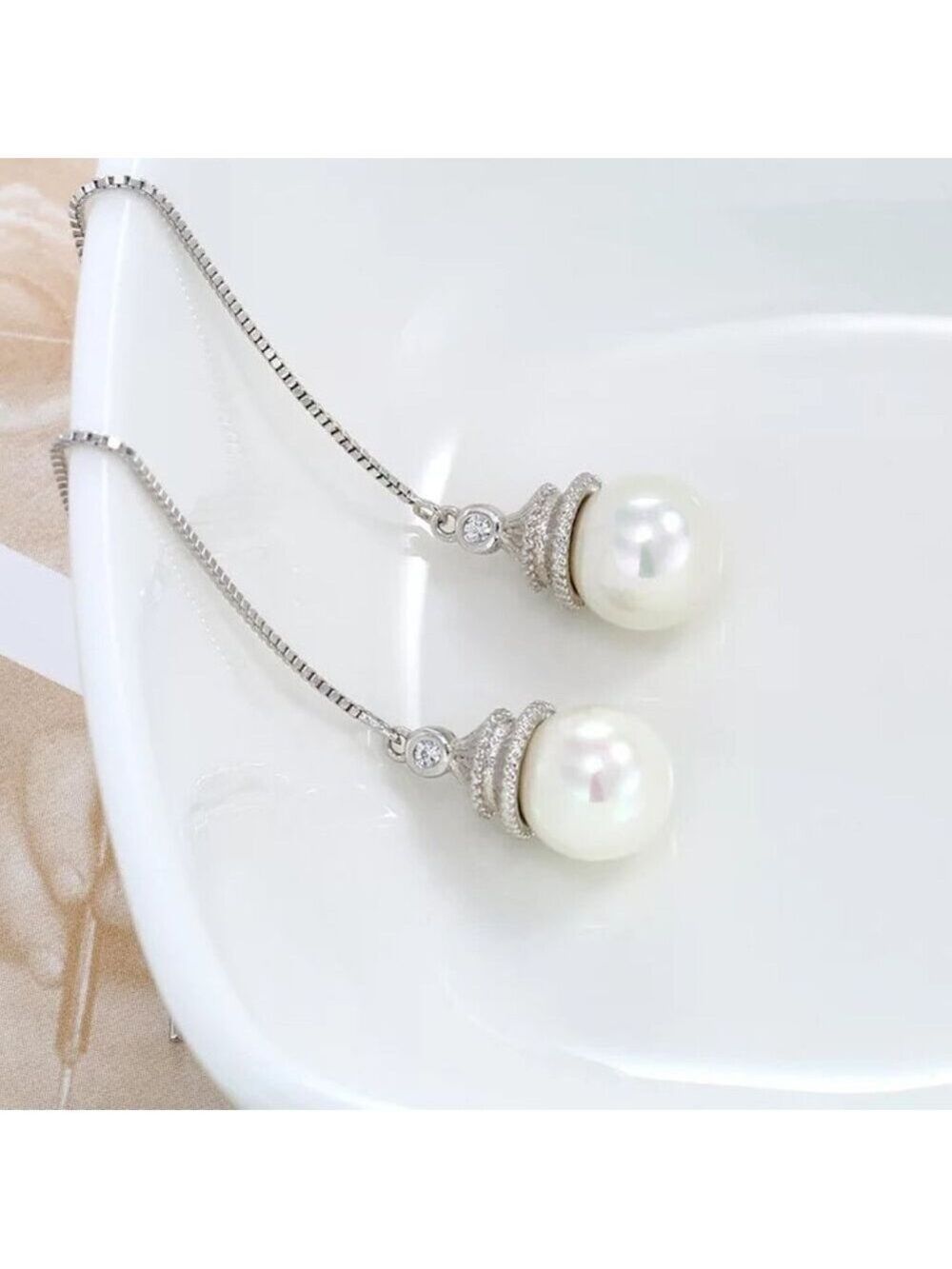 Cultured 7.75mm Pearl Earrings dangling from a 3.5 inch chain 18KY Plated - Picture 2 of 7